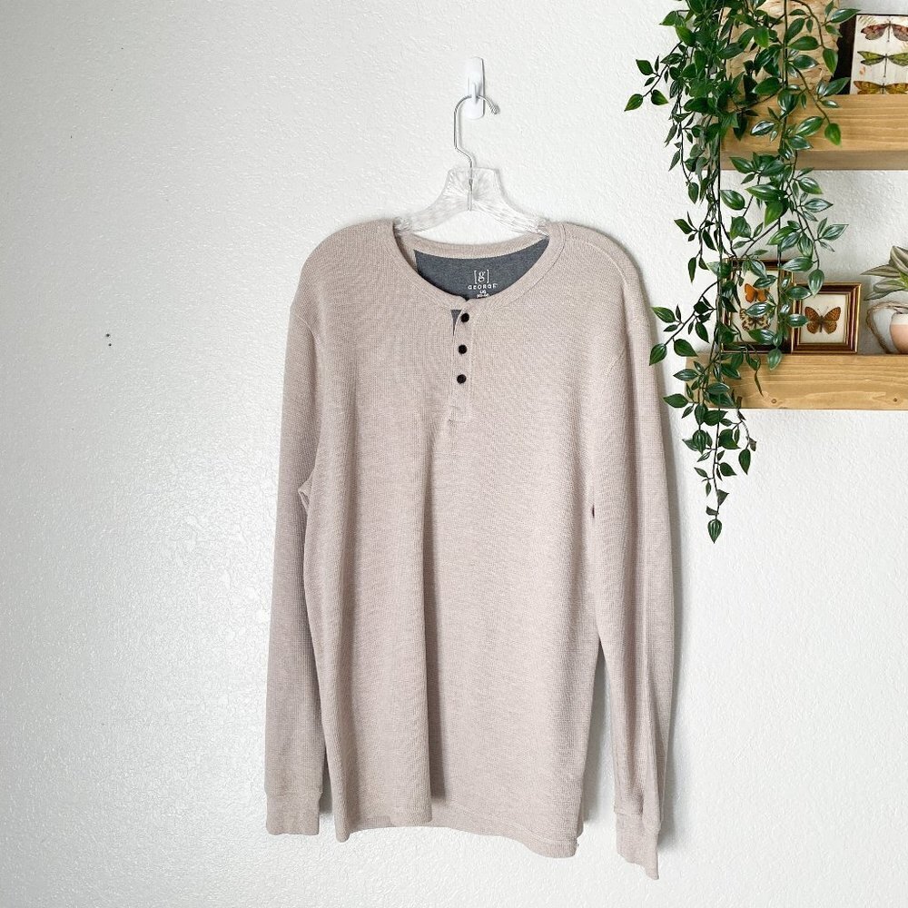 🦋 MEN'S George Oatmeal Tan Thermal Sweater Long Sleeve Large Casual Comfy